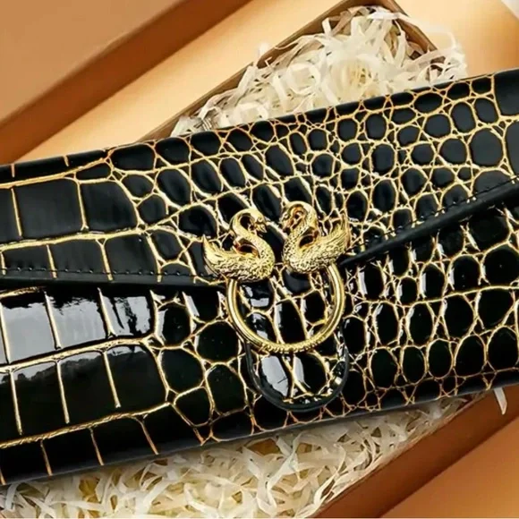 NWOT, Elegant Black and Gold Reptile Design with golden swans clutch or wallet - Picture 1 of 6